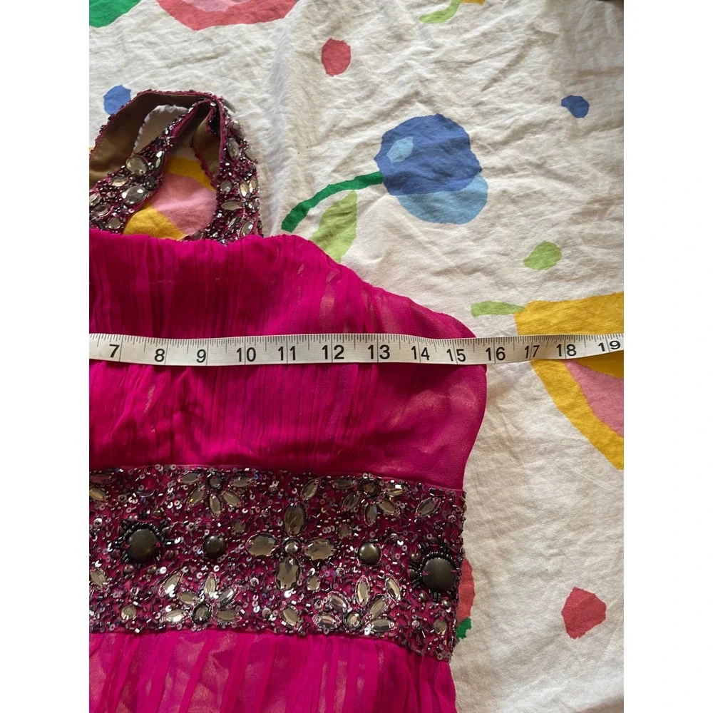 Y2k Adrianna Papell Evening Magenta Pink Beaded Halter Chiffon Gown Dress Xsmall